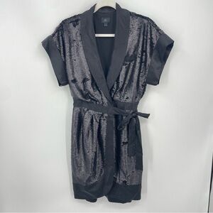 BR monogram short sleeve black sequin wrap dress Shaw collar Sz 2